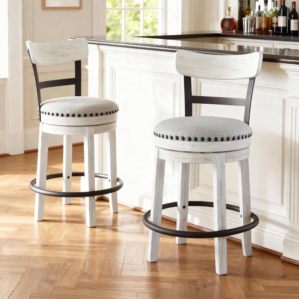 Signature Design by Ashley Valebeck Barstool, Rustic-Industrial Counter Height Chair, 360° Swivel, Wood & Metal Frame, Cushioned Seat, Ideal for Kitchen Island with Seating, Vintage White