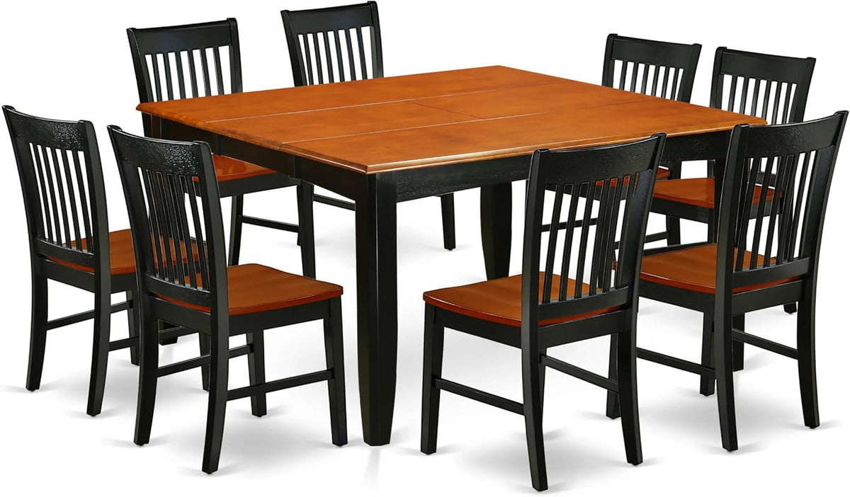 East West Furniture PFNO9-BCH-W 9 Piece Dining Room Table Set Includes a Square Kitchen Table with Butterfly Leaf and 8 Dining Chairs, 54x54 Inch, Black & Cherry