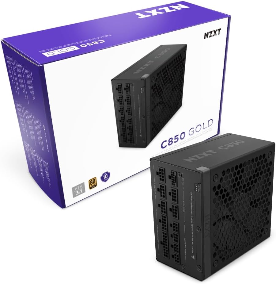 NZXT C850 Gold ATX 3.1 - Fully Modular Low-Noise PC Gaming Power Supply - 850 Watts - 80 Plus Gold - 12V-2x6 Connector - Zero Fan Mode - 100% Japanese Capacitors - Black