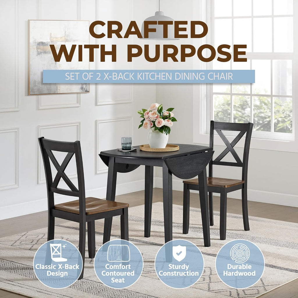 ROME + OAK X-Back Farmhouse Wooden Armless Dining Chairs in Black/Dark Brown, Set of 2 - Indoor Home Kitchen Seating Furniture