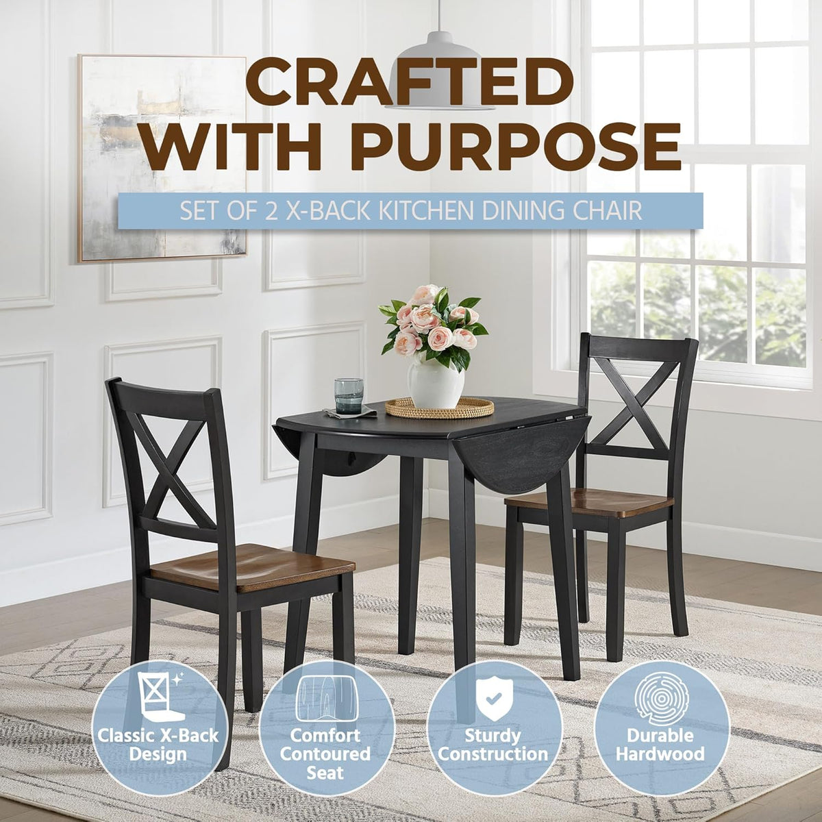 ROME + OAK X-Back Farmhouse Wooden Armless Dining Chairs in Black/Dark Brown, Set of 2 - Indoor Home Kitchen Seating Furniture