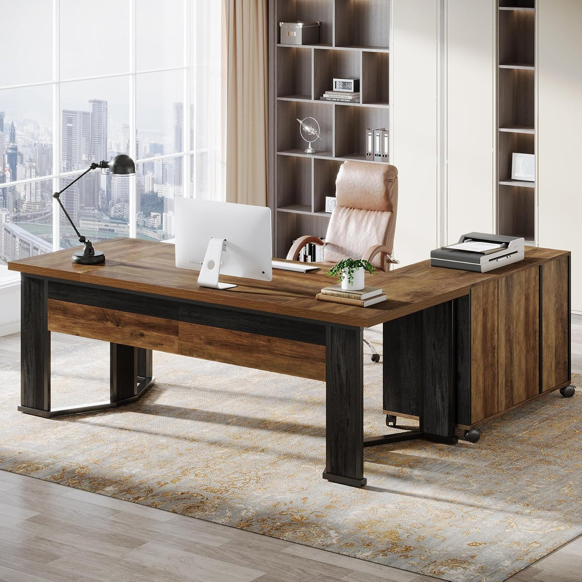 Tribesigns 70.86" Executive Desk with Mobile File Cabinet, Large L Shaped Computer Office Desk with 2 Drawers and Storage Shelves, Business Furniture Desk Workstation for Home Office (Rustic Brown)