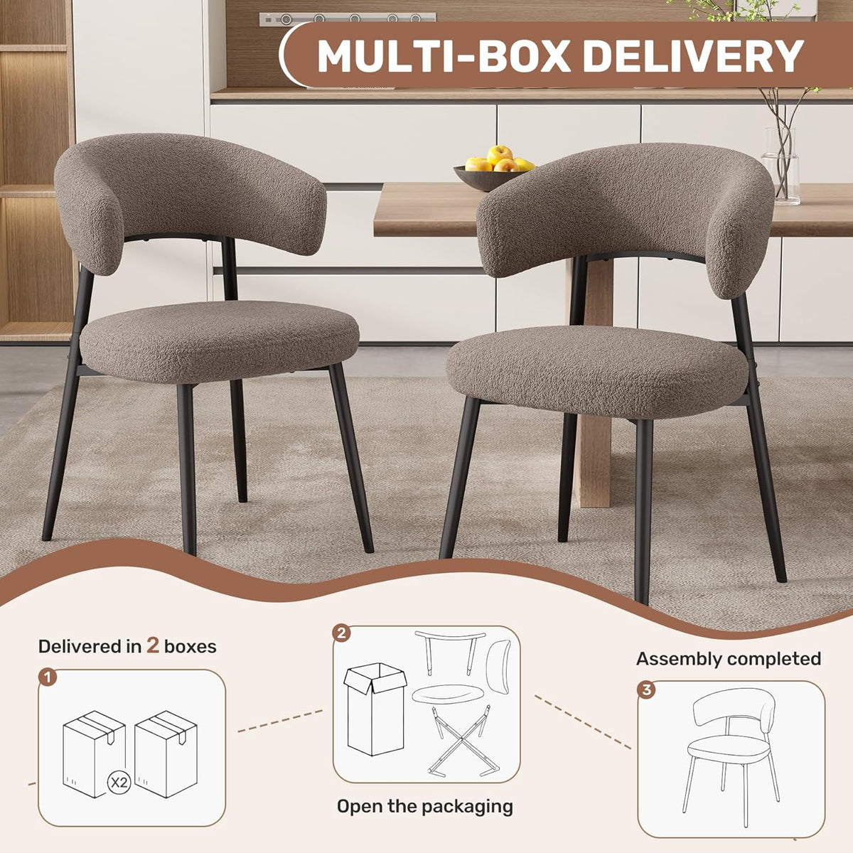 Dining Chairs Set of 4, Mid Century Modern Kitchen Chairs, Boucle Upholstered Dining Chair with Curved Backrest & Metal Legs for Kitchen Dining Room, Brown
