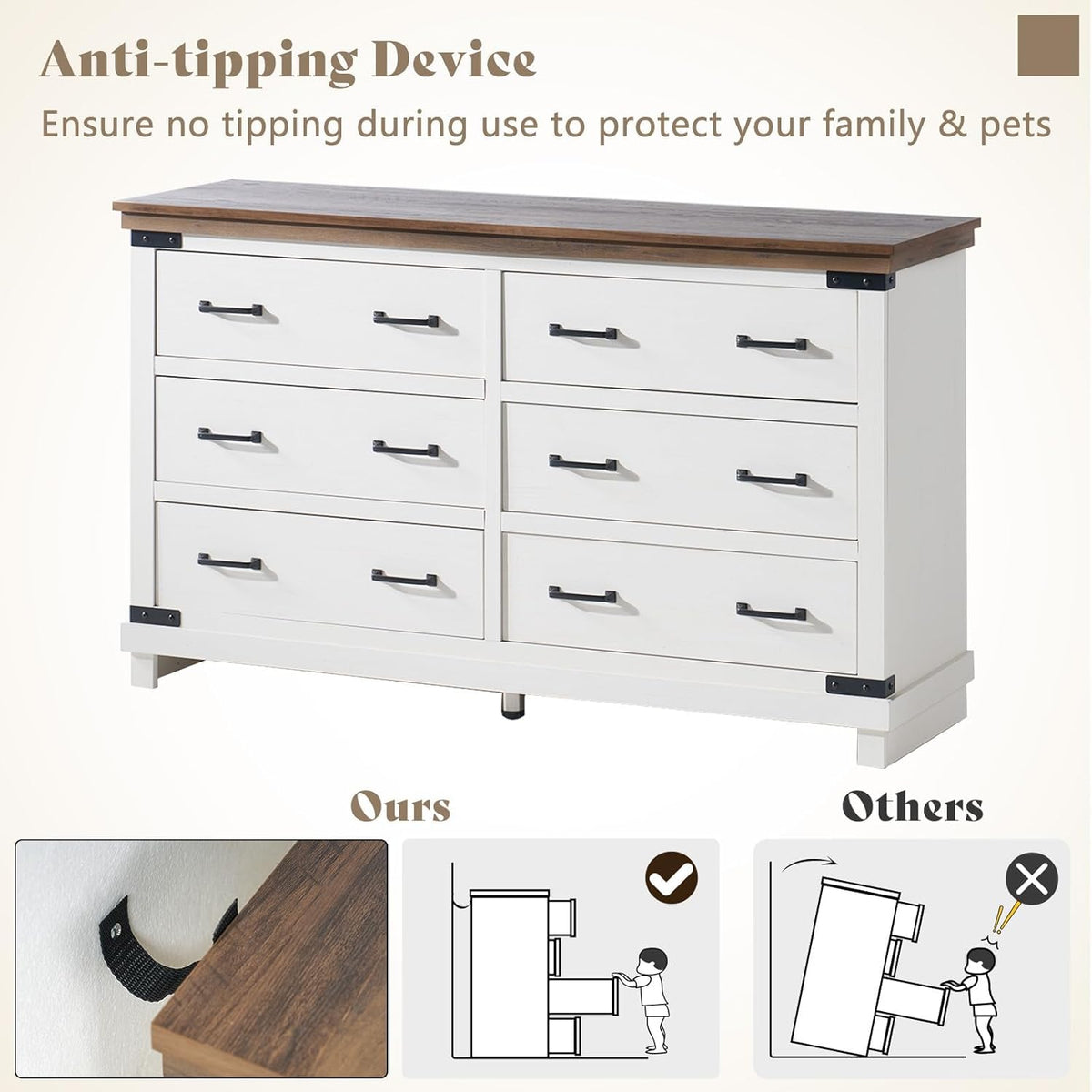 AMERLIFE Farmhouse 6 Drawer Wide Dresser for Bedroom, Large Wood Chest of Drawers with Thick Plank Top, Rustic Heavy Duty Storage Cabinet for Living Room or Hallway, Antique White
