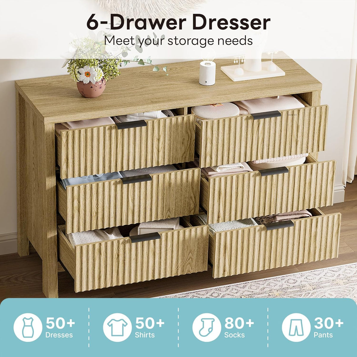 LIKIMIO Fluted 6 Drawers Dresser for Bedroom, 47" Wide Modern Chest of Drawers with Metal Handle, Wooden Dresser Storage Organizer for Living Room, Entryway, Hallway, Natural Oak