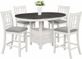 CARTESIAN 5 Piece Counter Height Dining Set, Oval Extendable Table with Storage Shelf, 4 Upholstered Chairs, Weathered White and Gray, Grid-Back Design