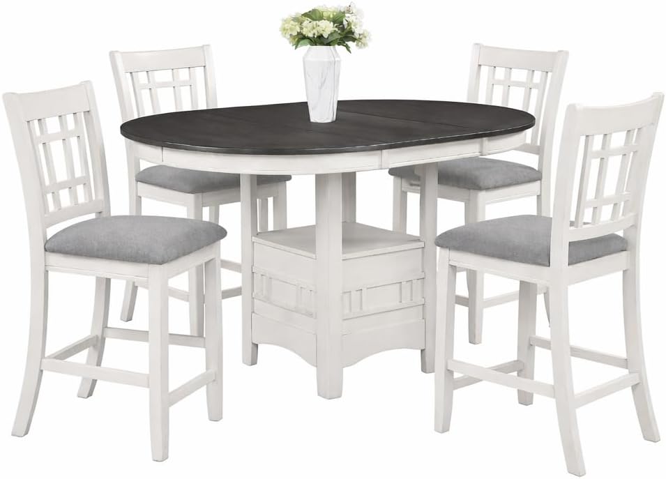 CARTESIAN 5 Piece Counter Height Dining Set, Oval Extendable Table with Storage Shelf, 4 Upholstered Chairs, Weathered White and Gray, Grid-Back Design