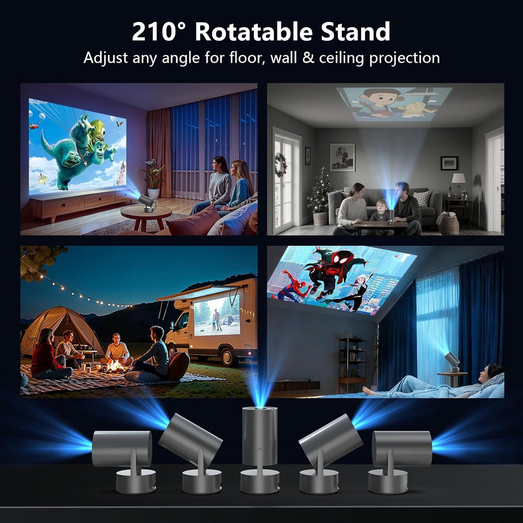 Portable Projector with Built-in Battery for Outdoor & Travel, Mini Projector with WiFi and Bluetooth, 1080P Supported, Electric Focus, Auto Keystone, 210° Rotatable Stand Home Theater( Iron Gray)