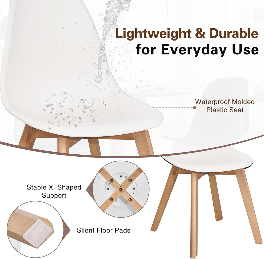 VECELO Dining Chairs Set of 4, Mid-Century Modern Kitchen & Dining Room Chairs, Molded Plastic Seat & Back, Solid Wood Legs, Armless, Non-Slip Feet, White