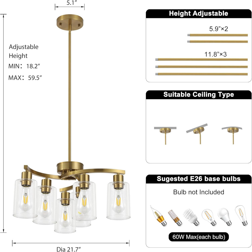6 Light Gold Dining Room Light Fixture .Modern Farmhouse Kitchen Chandeliers Over Table .Adjustable Height Hanging Pendant Lighting for Kitchen Island  .with Glass Shade