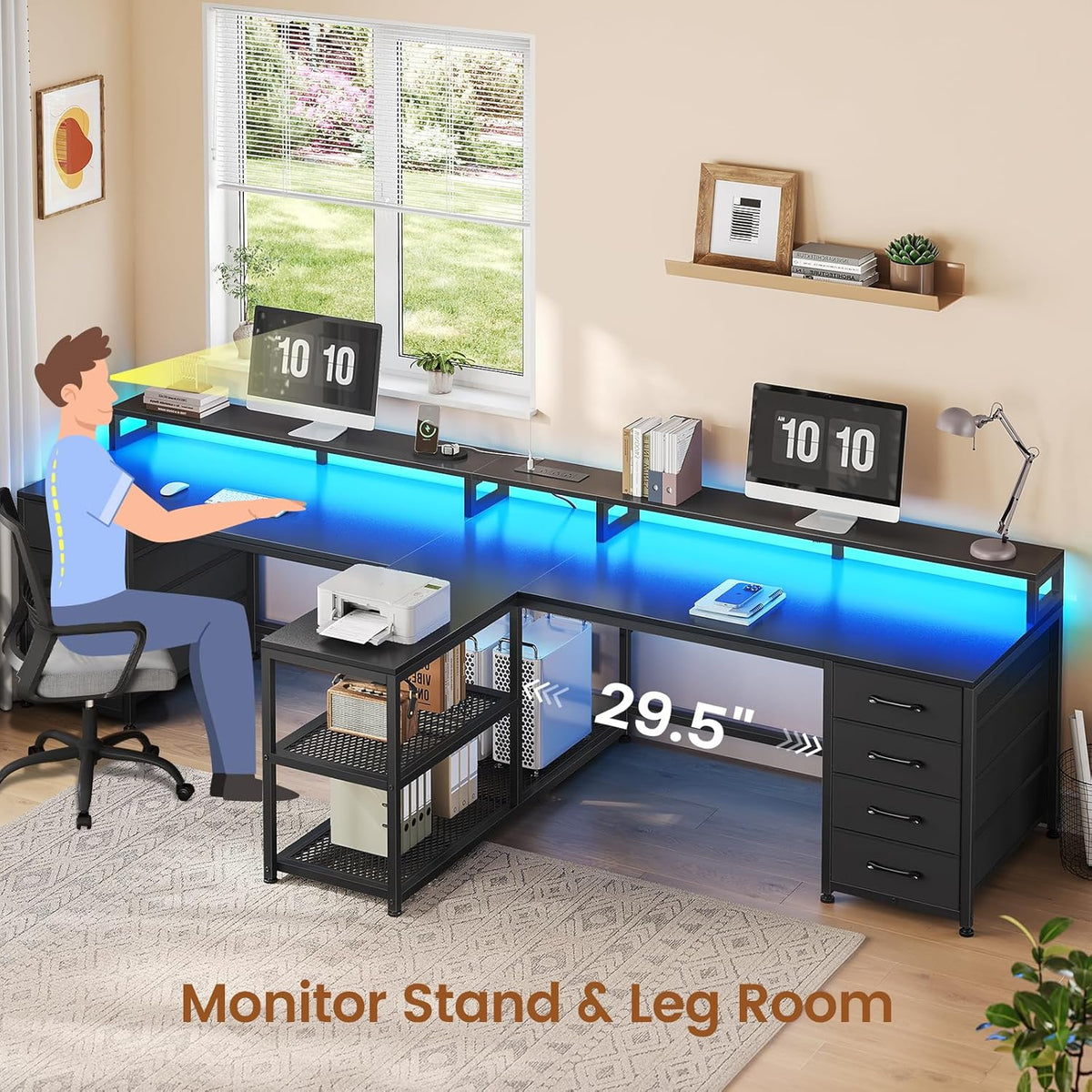 SEDETA 94.5" 2 Person Gaming Desk, Long Office Computer Desk with 8 Drawers & LED Light, Two Person Desk with Storage, Power Strip & Monitor Shelf for Home Office, Black