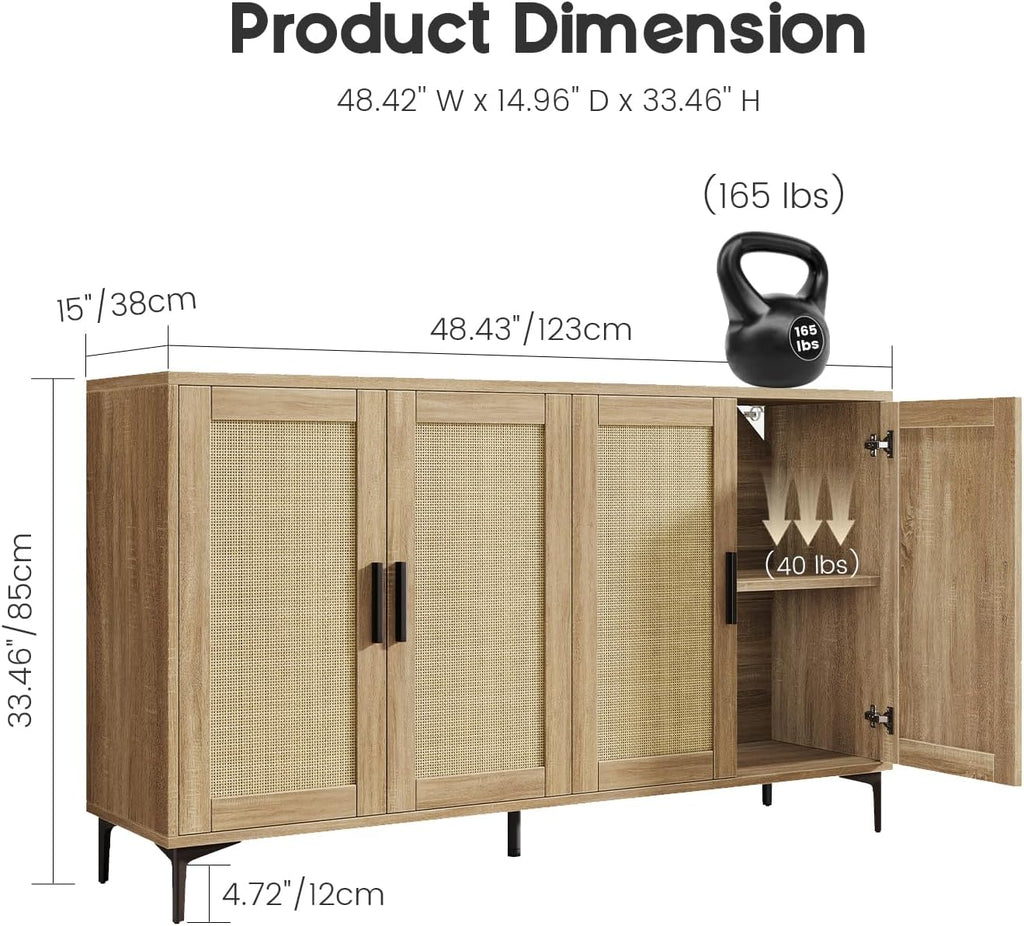 Luoxiao Sideboard Buffet Cabinet with Storage 48" Rattan Coffee Bar Boho Console Table with Adjustable Shelves & 4 Doors, Modern Credenza for Kitchen, Living Room, Entryway, Dining Room, Wood
