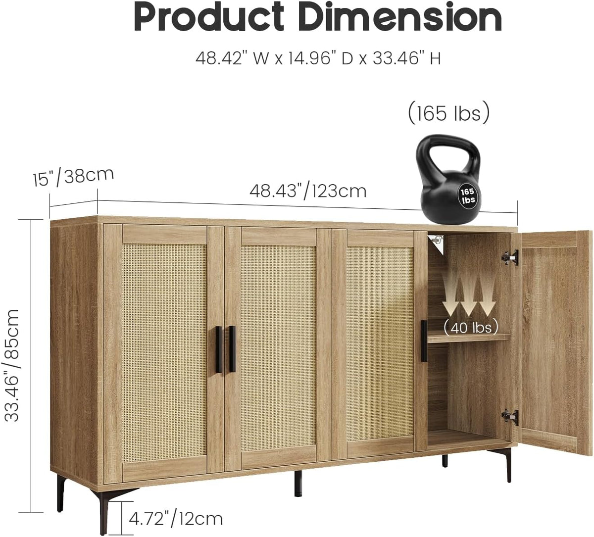 Luoxiao Sideboard Buffet Cabinet with Storage 48" Rattan Coffee Bar Boho Console Table with Adjustable Shelves & 4 Doors, Modern Credenza for Kitchen, Living Room, Entryway, Dining Room, Wood