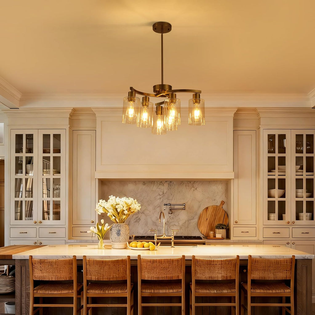 6 Light Gold Dining Room Light Fixture .Modern Farmhouse Kitchen Chandeliers Over Table .Adjustable Height Hanging Pendant Lighting for Kitchen Island  .with Glass Shade
