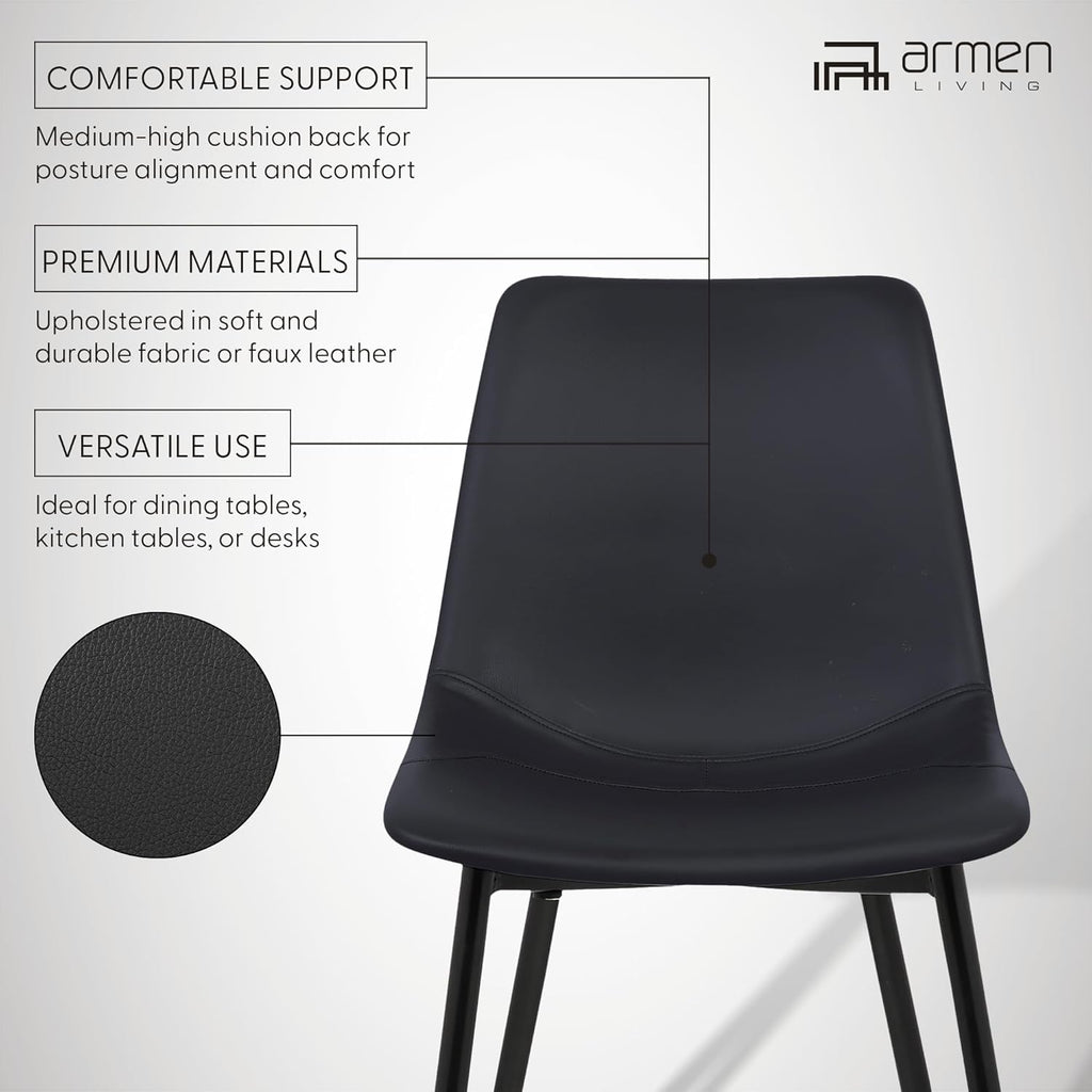 Armen Living Monte Mid Century Modern Dining Accent Chair for Table Kitchen Desk Vanity in Black Faux Leather with Black Metal Legs