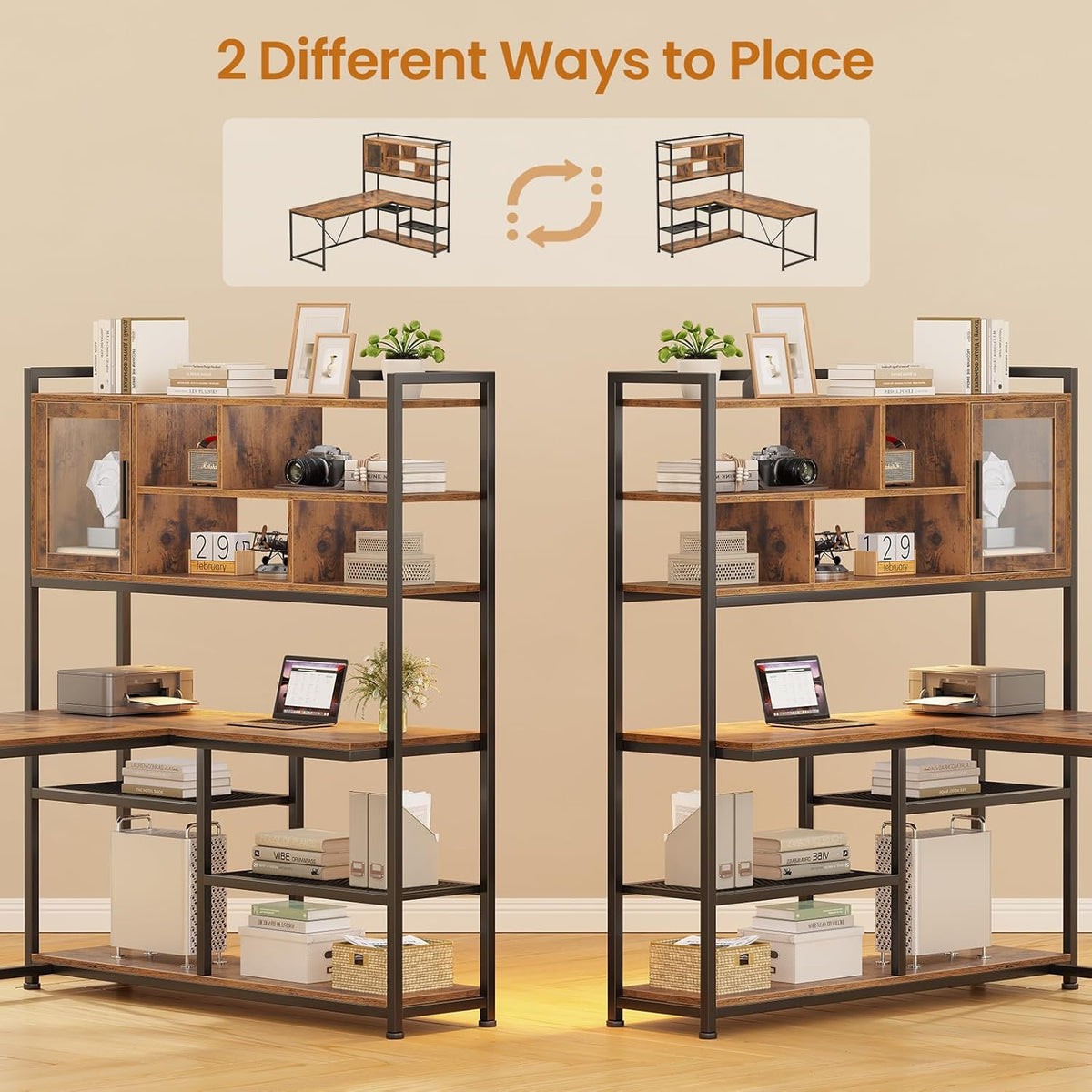 SEDETA L Shaped Computer Desk, 58'' Office Desk with LED Light and Bookshelf, L Shaped Corner Desk with Storage Shelves for Home Office, Gaming Desk, L Desk, Rustic Brown