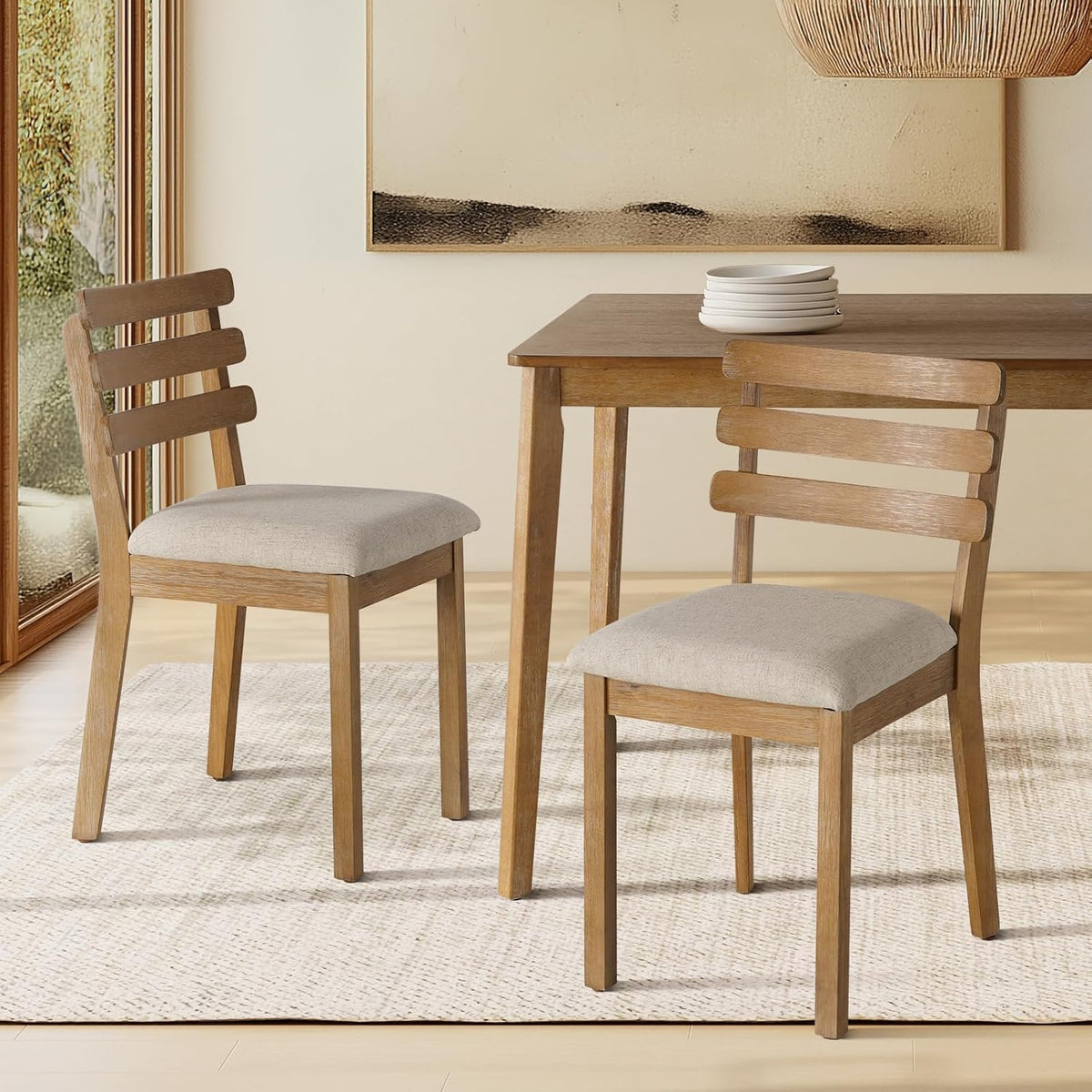SIMTONAL 6 Piece Dining Table Set with Bench, Wooden Rectangular Kitchen Table and 4 Upholstered Chairs, Farmhouse Dining Room Furniture for Family Meals, Light Oak Finish