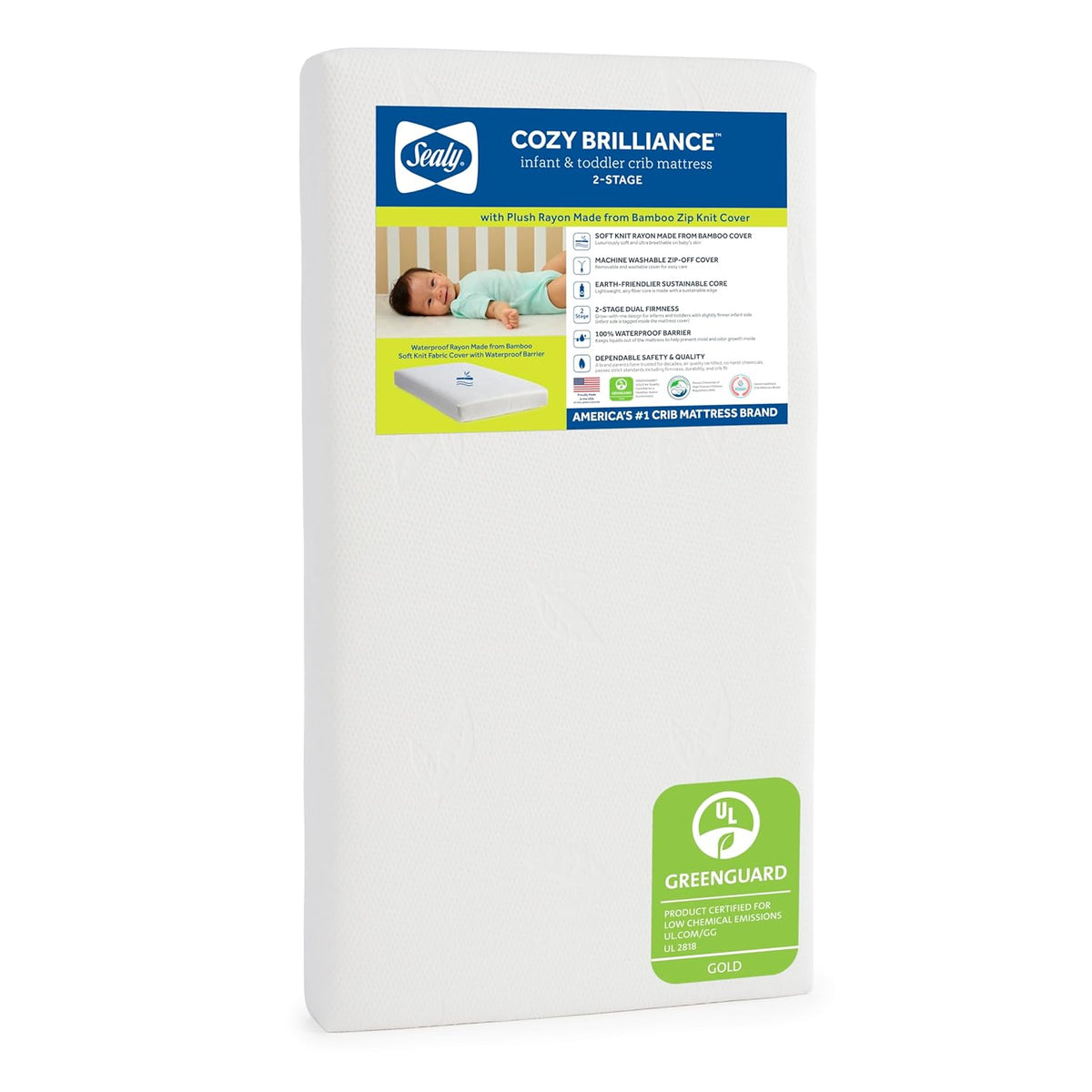 Sealy Baby Cozy Brilliance Breathable Crib Mattress, GREENGUARD GOLD Certified, Made in USA, Firm Dual Firmness, Toddler Bed Fit, Rayon, Waterproof, Non Toxic, Washable Zip Cover, 52” x 28
