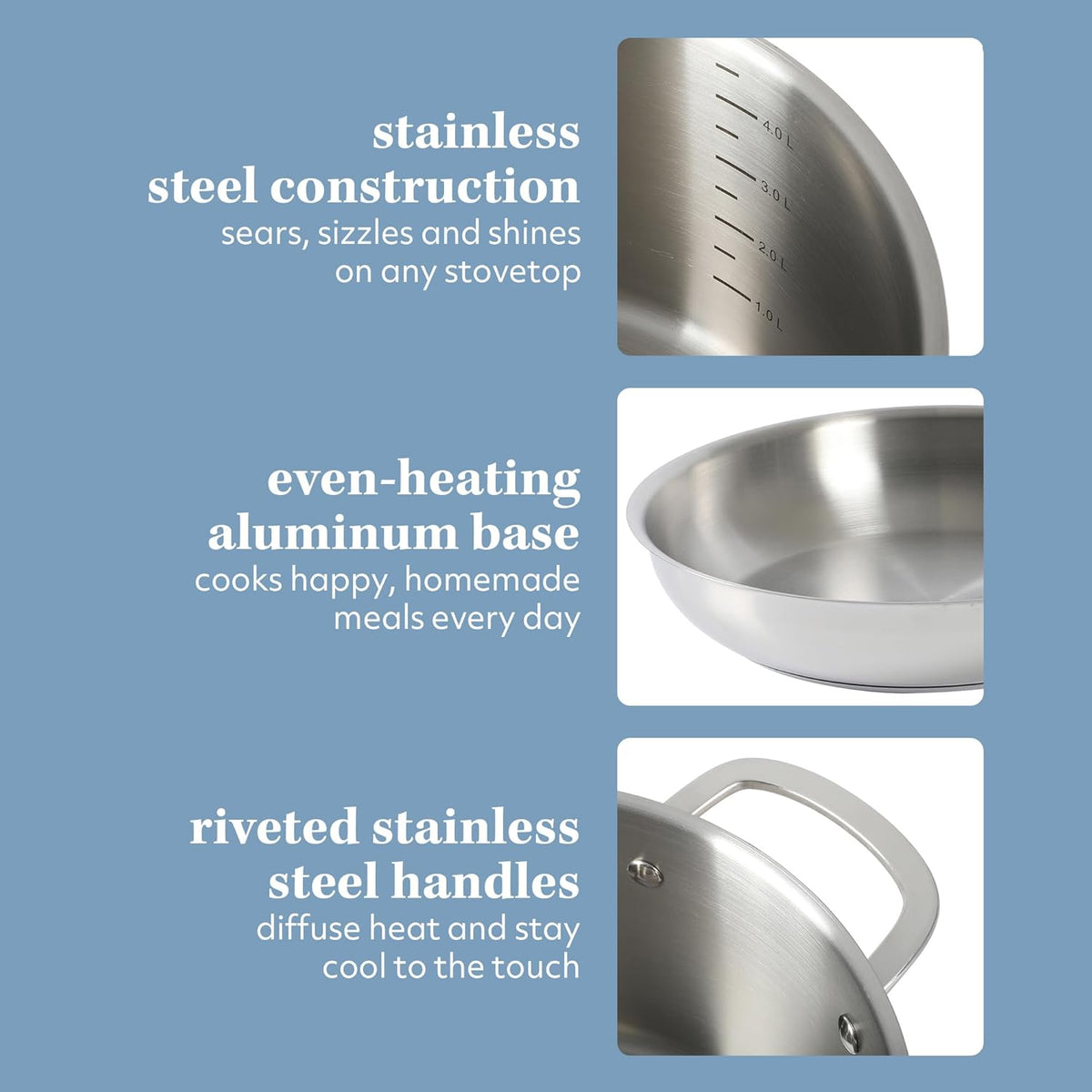 Sur La Table Kitchen Essentials Chef's Deck 10 Piece Stainless Steel Non Toxic Pots and Pans Kitchen Cookware Set w/Triply Encapsulated Base - Induction Safe