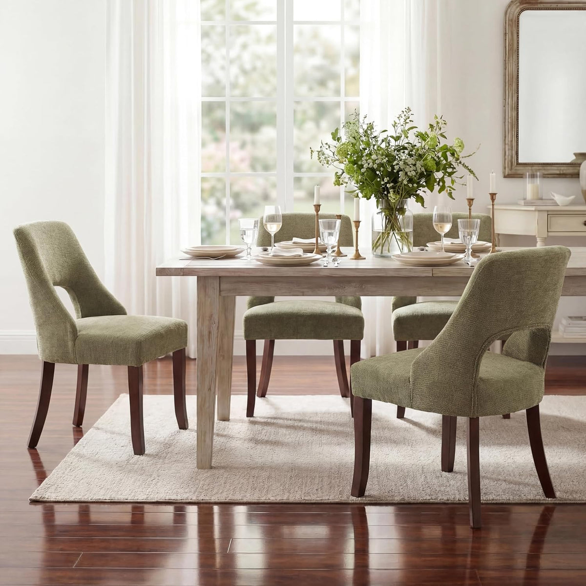 UVV Wooden Dining Chairs Set of 4, Mid Century Modern Chenille Upholstered Dining Room Chair Kitchen Chairs, Farmhouse Dinner Chair with Solid Wood Legs for Kitchen Dining Room, Green