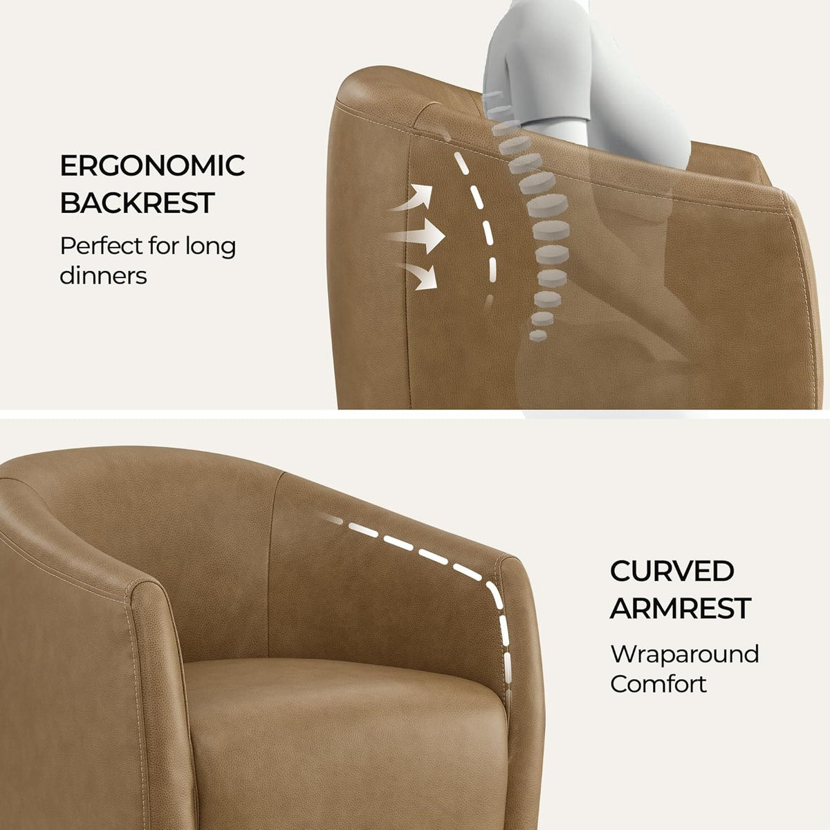CHITA Upholstered Dining Chairs with Casters Set of 2, Genuine Leather Barrel Chair with Backrest & Dual Armrest, Rolling Chairs for Dining Room, Bedroom, Kitchen, Reading Room, Living Room (Mocha)
