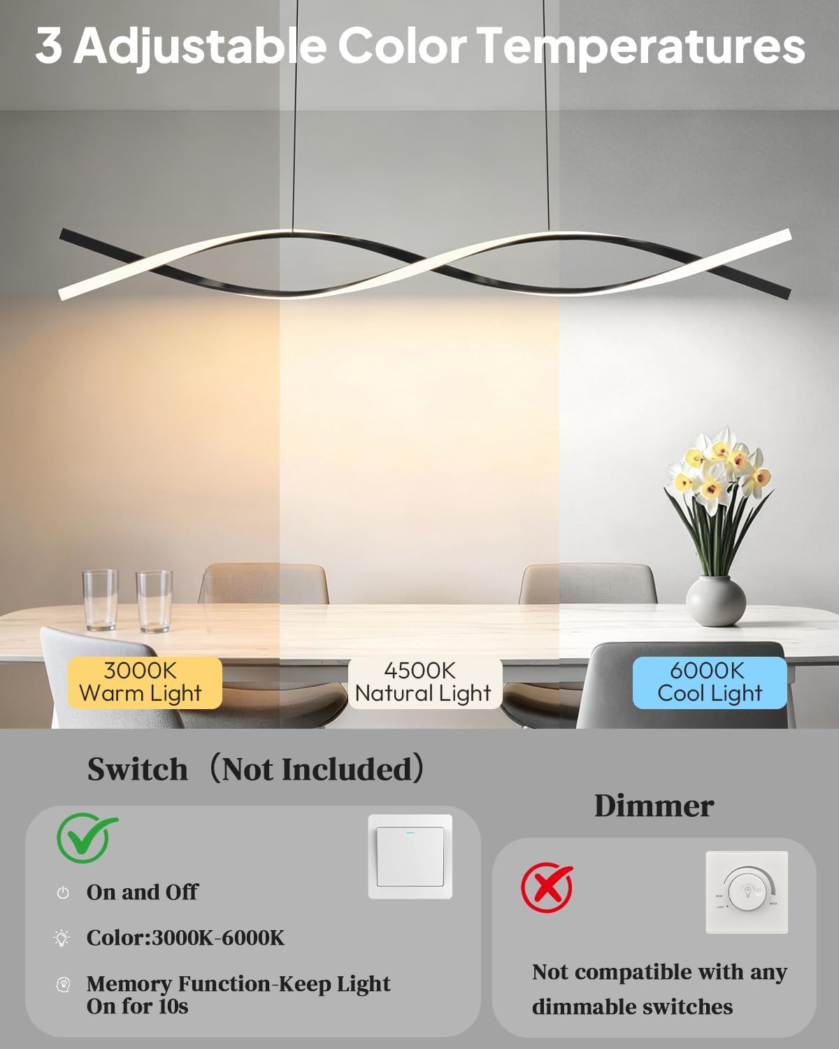 39.4in Modern Chandeliers for Dining Room, 3000K-6000K Adjustable & 10%-100% Dimmable Island Lights for Kitchen, Dining Table Lights Over Dining Areas, Workbench