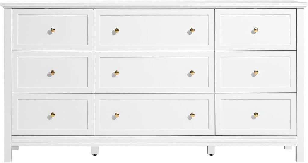 VEVOR 9 Drawer Dresser, Wooden Chest of Drawers with Sliding and Anti-tip Device, Retro Minimalist Dresser Chest, Closet Storage TV Stand Organizer for Living Room, Hallway, Bedroom, Entryway, White