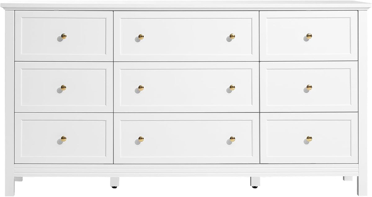 VEVOR 9 Drawer Dresser, Wooden Chest of Drawers with Sliding and Anti-tip Device, Retro Minimalist Dresser Chest, Closet Storage TV Stand Organizer for Living Room, Hallway, Bedroom, Entryway, White