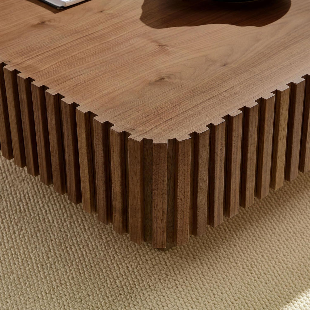 KEIKI 35" Handcraft Drum Square Wooden Coffee Table with Sturdy MDF Pedestal, Modern Style Solid Wood Relief Coffee Table, Easy Assembly, for Living Room, Bedroom, Reception Room, Walnut