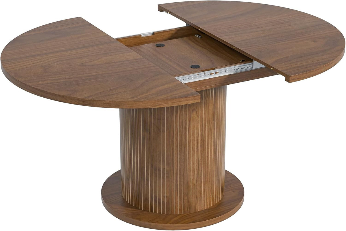43.3 inch 59 inch Adjustable Size Round Dining Table for 4 6, Unique Design Modern Farmhouse Kitchen Table, Circle Dining Tables with Wood Strip Base for Kitchen Living Room (Walnut)
