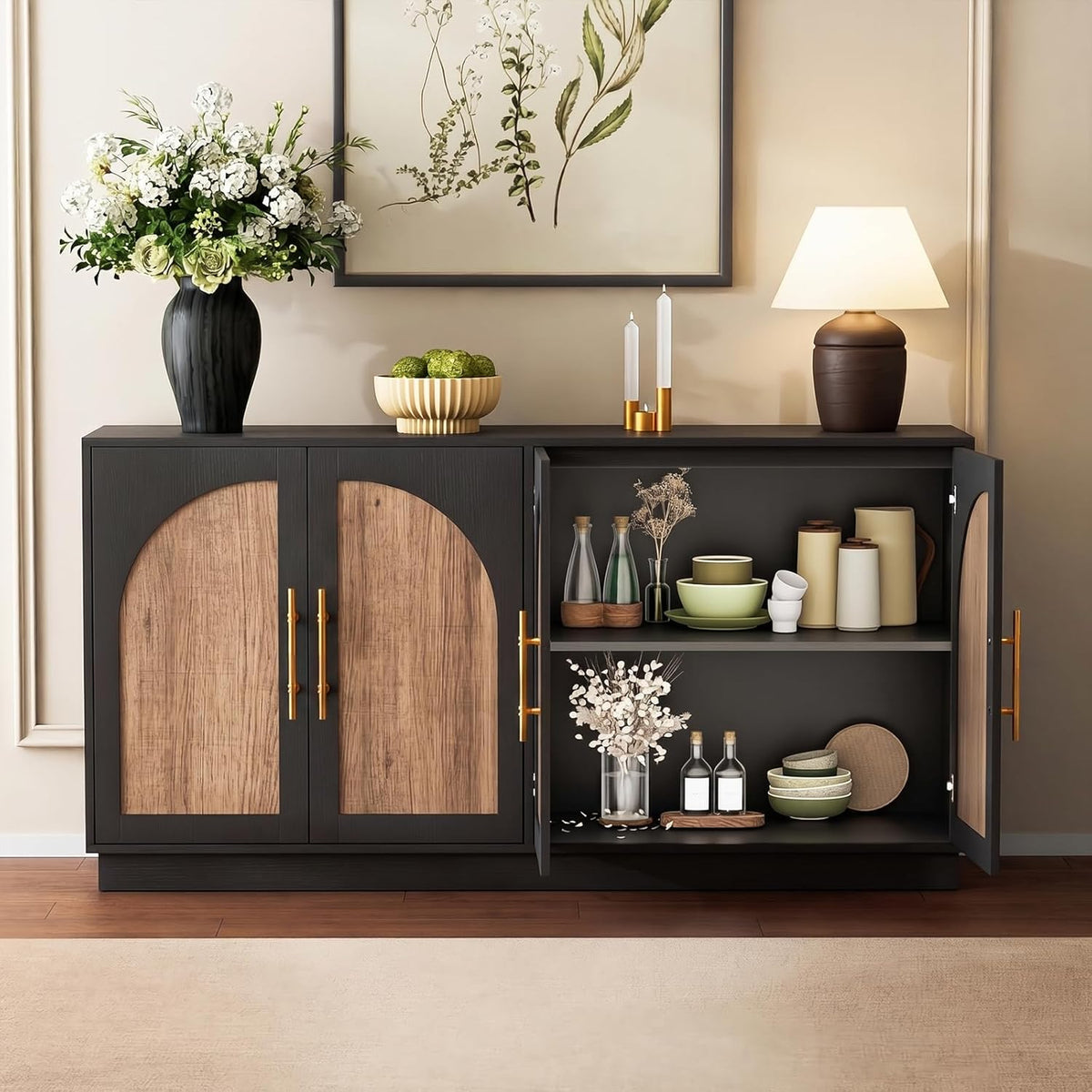 Scurrty 62" Antique Buffet Cabinet with Hutch, Vintage Sideboard Console for Dining Room & Kitchen, 2 Adjustable Shelves, Arched Doors & Metal Handles (Black)