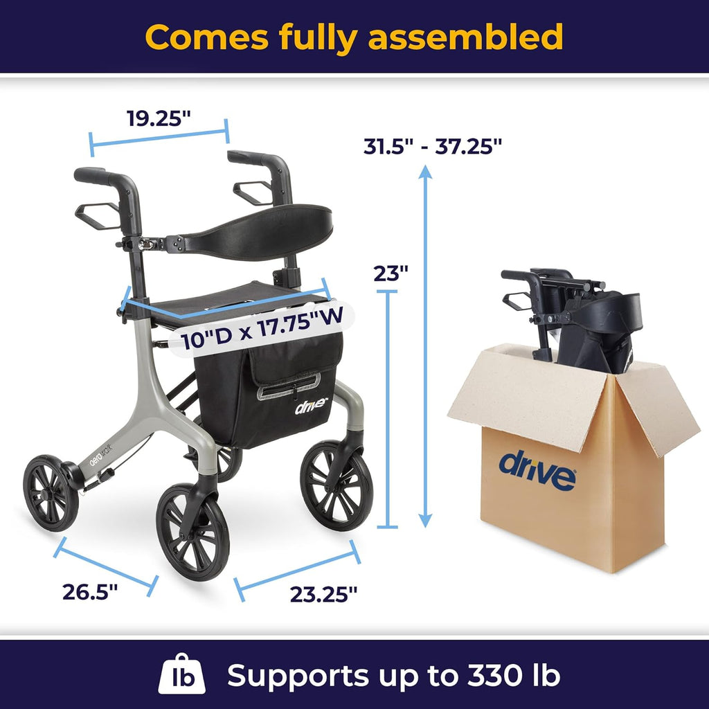 Drive Medical AeroWalk Ultra-Lite Rollator with Seat, Lightweight Adult Walkers with 4 Wheels, Folding Rolling Walker for Women, Men and Seniors, 15.2 Pounds, 23 Inch Seat Height, Grey