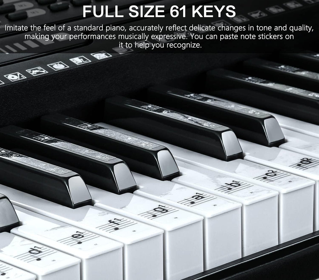 61 Key Portable Electronic Keyboard Piano w/Lighted Full Size Keys, LCD, Headphones, X-Stand, Stool, Music Rest, Microphone, Note Stickers, Built-In Speakers,3 Teaching Modes