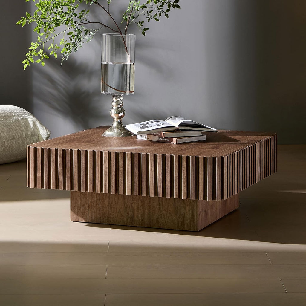 KEIKI 35" Handcraft Drum Square Wooden Coffee Table with Sturdy MDF Pedestal, Modern Style Solid Wood Relief Coffee Table, Easy Assembly, for Living Room, Bedroom, Reception Room, Walnut