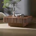 KEIKI 35" Handcraft Drum Square Wooden Coffee Table with Sturdy MDF Pedestal, Modern Style Solid Wood Relief Coffee Table, Easy Assembly, for Living Room, Bedroom, Reception Room, Walnut