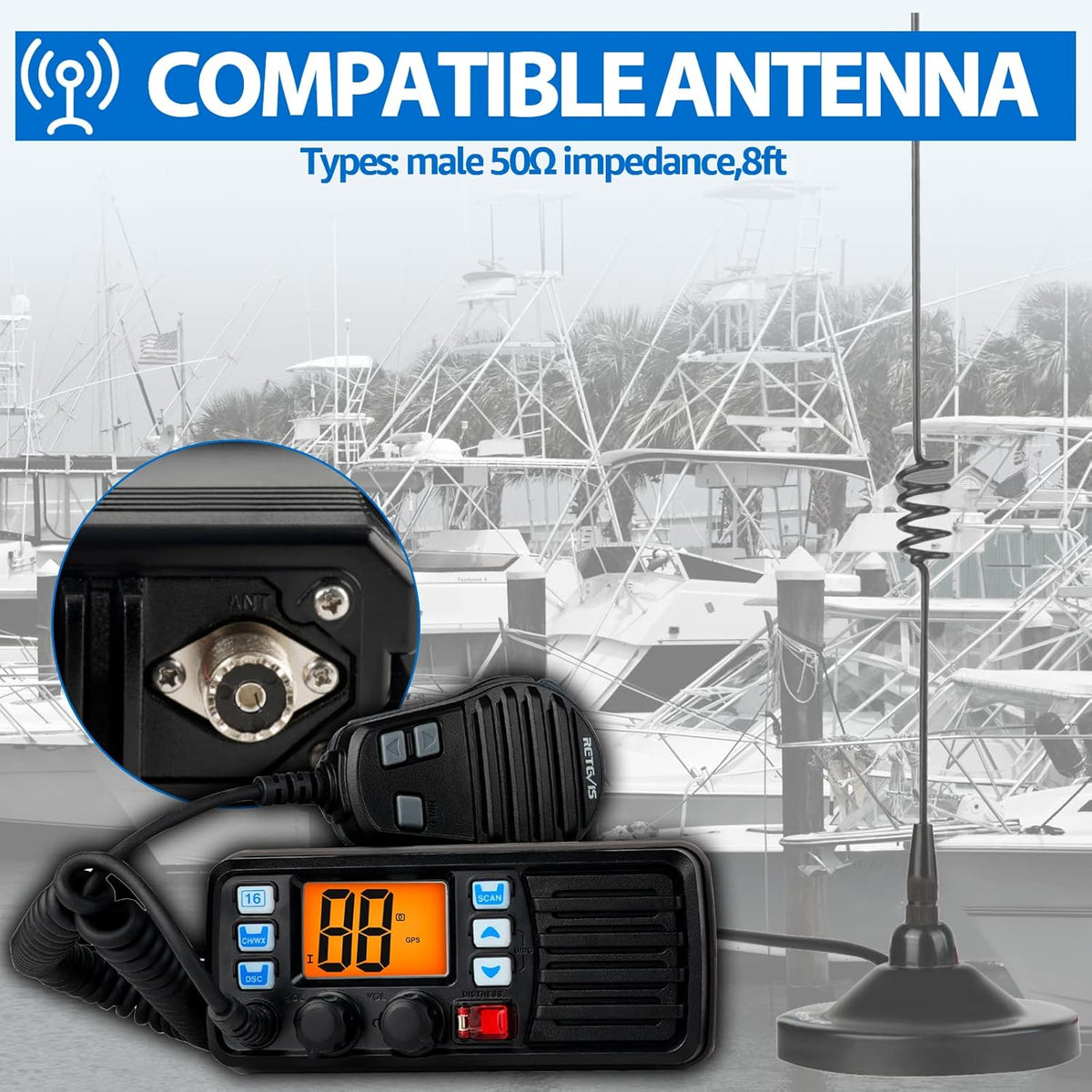 Retevis RM20 Marine VHF Radios Fixed Mount, Marine Band Radio with Built in GPS, DSC, IP67 Waterproof, High Power, NOAA Weather, International Channels, Ship to Shore Radio for Boats(Black)