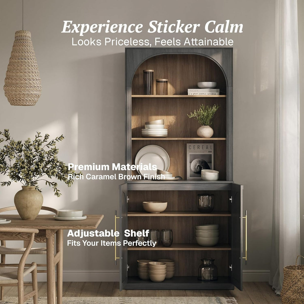 BELLEZE 72" Tall Storage Cabinet with Hutch, Modern Wood Sideboard with Arched Doors and 3-Tier Shelves, Display Curio Cabinet for Kitchen, Dining Room, Living Room, or Office, Ebony