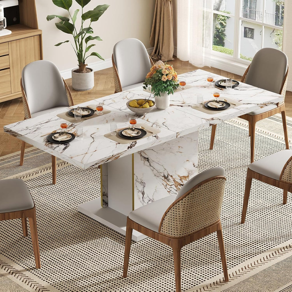 HOMISSUE 70" Faux Marble Dinner Table .Rectangle Modern White Dining Table for 6-8 People .Large Kitchen Furniture Table with Sturdy Base for Dining Room, Living Room, White