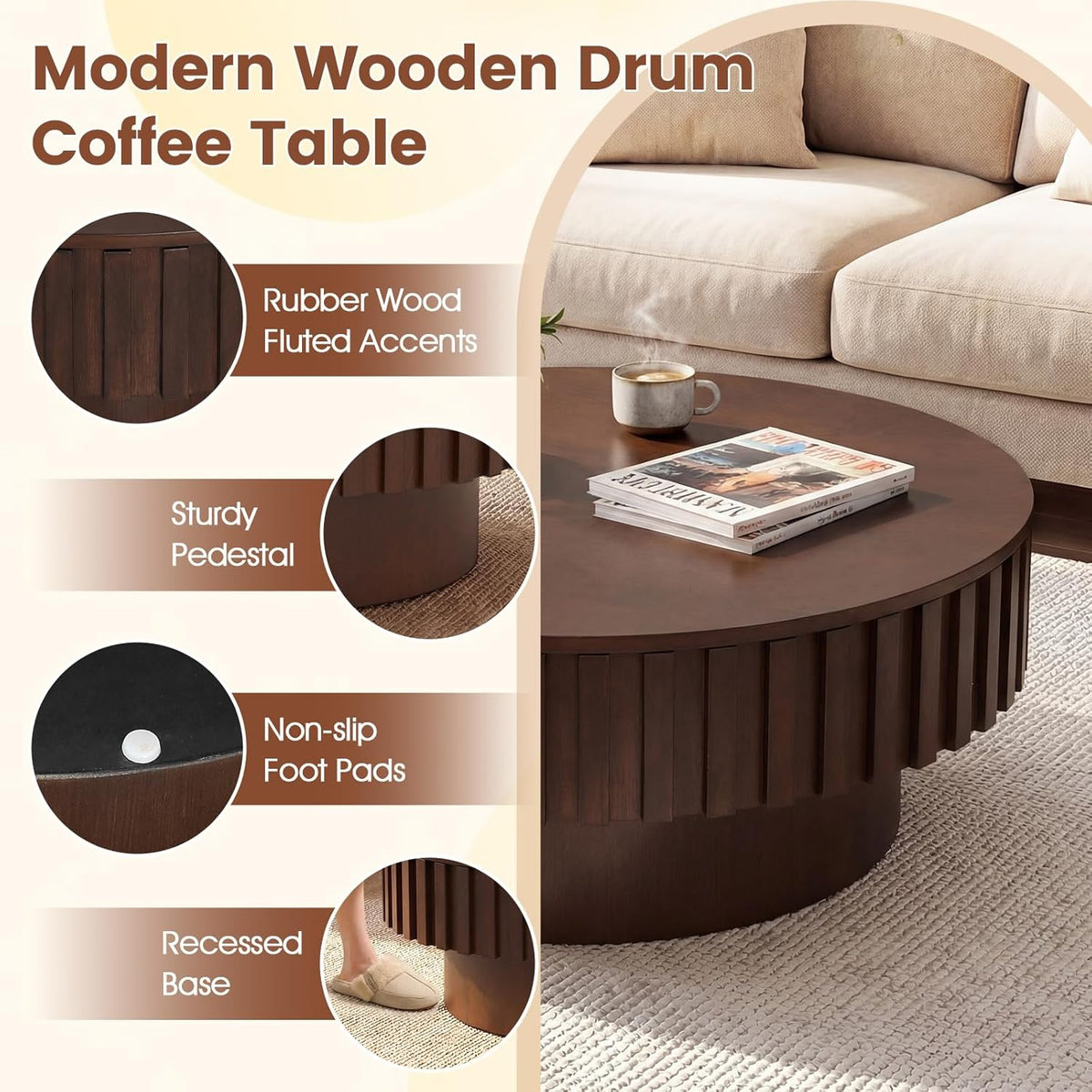 Giantex Round Coffee Table with Storage, Modern Drum Fluted Center Table with Solid Wood Veneered, Unique Circle Wood Coffee Table for Living Room Small Spaces (Brown)