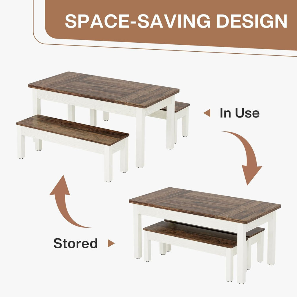 Tribesigns Farmhouse Kitchen Table Set for 4-6, 55-Inch Wooden Dining Table with 2 Benches, Space Saving 3 Pieces Heavy Duty Dinette for Dining Room, Kitchen, Small Space