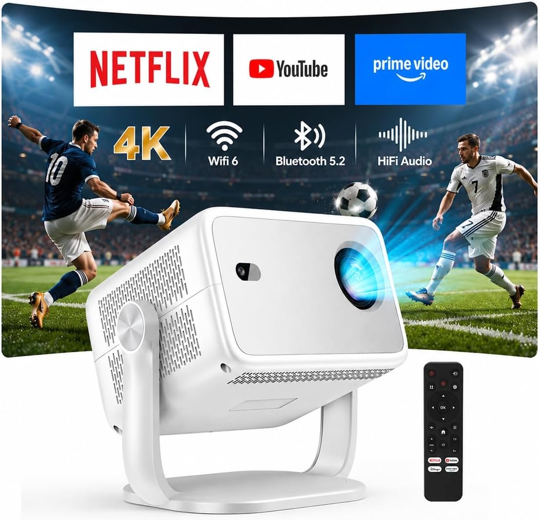 【Officially-Licensed APP & 4k Support】Smart Projector with 5G WiFi and Bluetooth with Auto Focus & Keystone, Native 1080P Outdoor Movie Projector Bedroom/Home/Celling