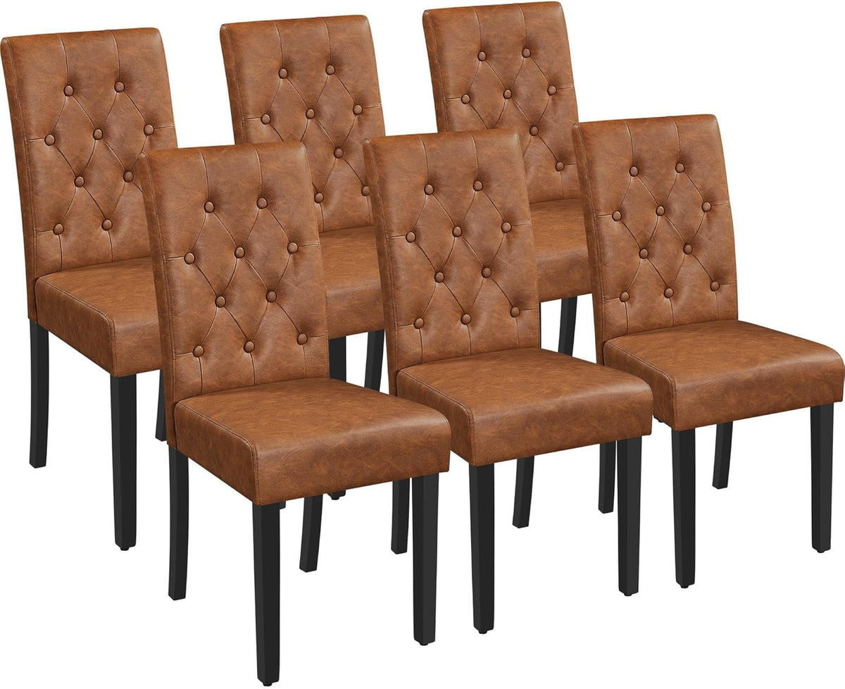 Yaheetech Dining Chairs Set of 6 Modern Style Faux Leather Dining Room Chairs with Solid Wood Legs and Button Tufted Padded for Home Kitchen, Retro Brown