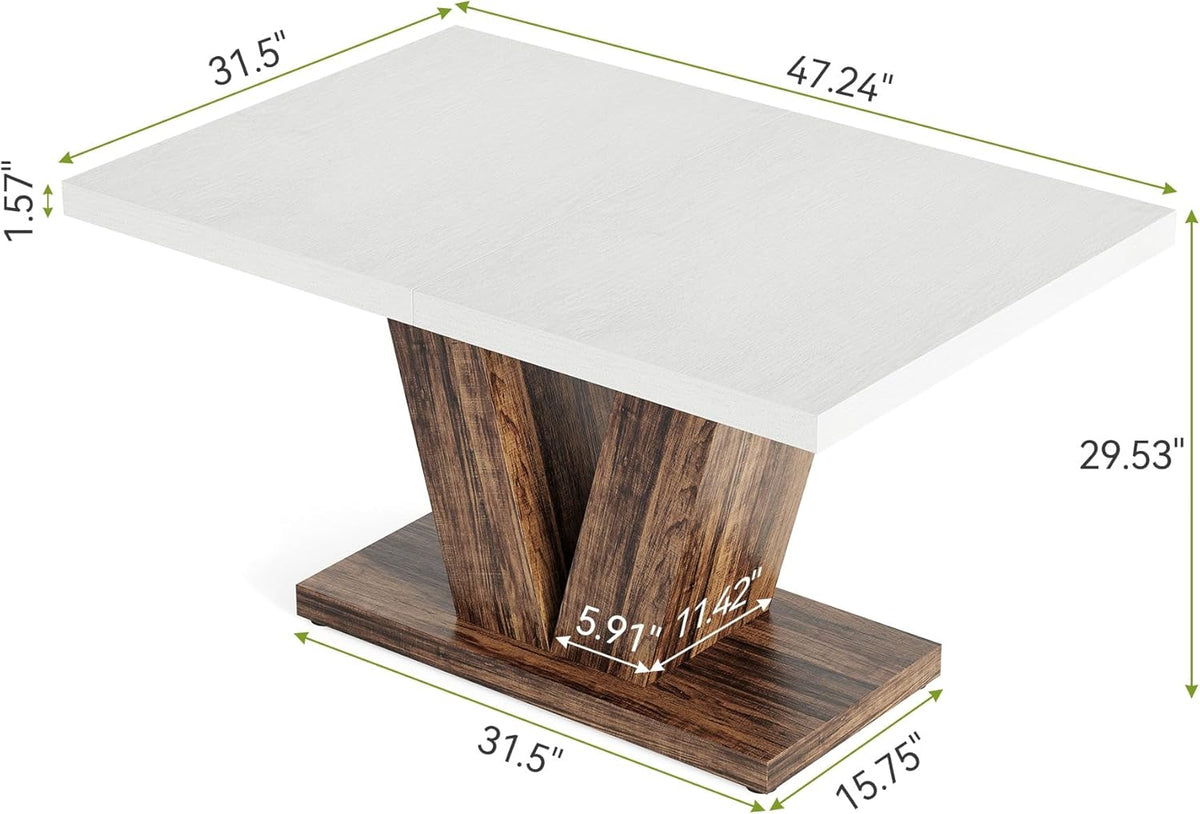 LITTLE TREE 47 Inches Dining Table for 4, Modern Dining Room Tables, White Rectangle Kitchen Table with Rustic Brown V-Shaped Pedestal, Wooden Dinner Table for Dining Room, Kitchen, Living Room