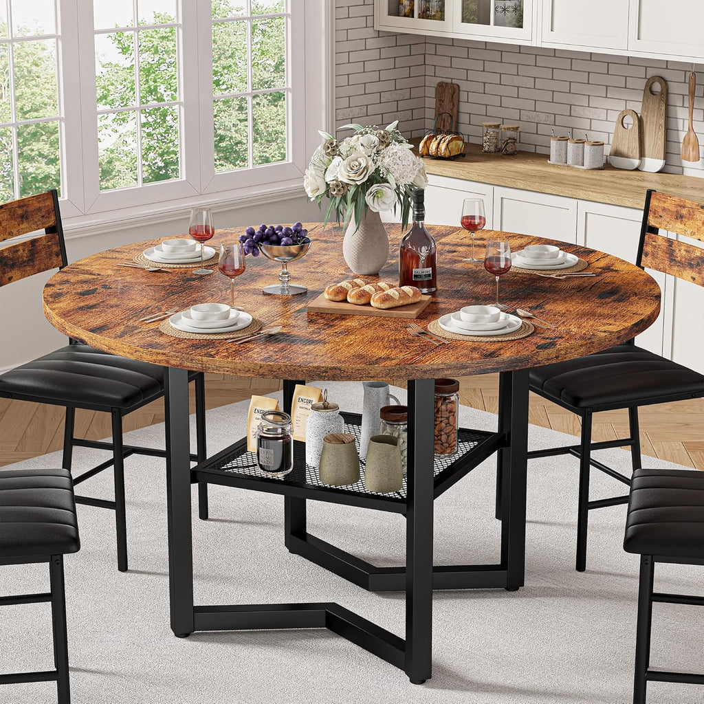 IRONCK Round Dining Table Set for 4, Dining Room Table Set with 4 Chairs, 47.2'' Dinner Table with Wooden Tabletop and Metal Base, 5-Piece Kitchen Table and Chairs, Rustic Brown