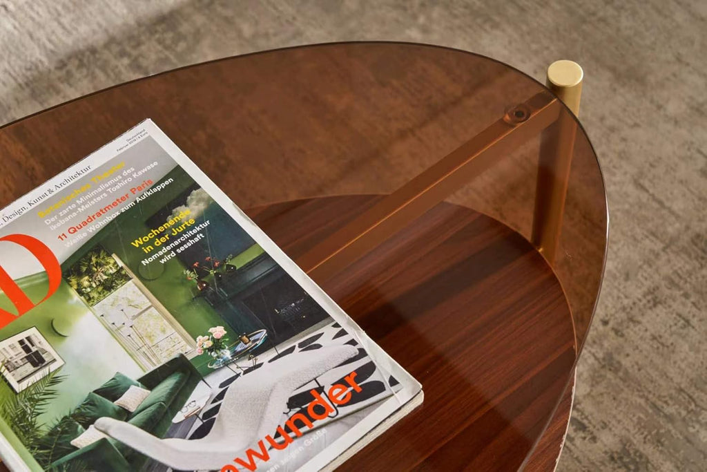 Shrine Oval Coffee Table, Mid-Century Modern Design, 2-Tier Structure, Amber Glass Top and Walnut MDF Shelf, 47" D x 21" W x 17" H, Sleek Conical Metal Legs with Gold Finish
