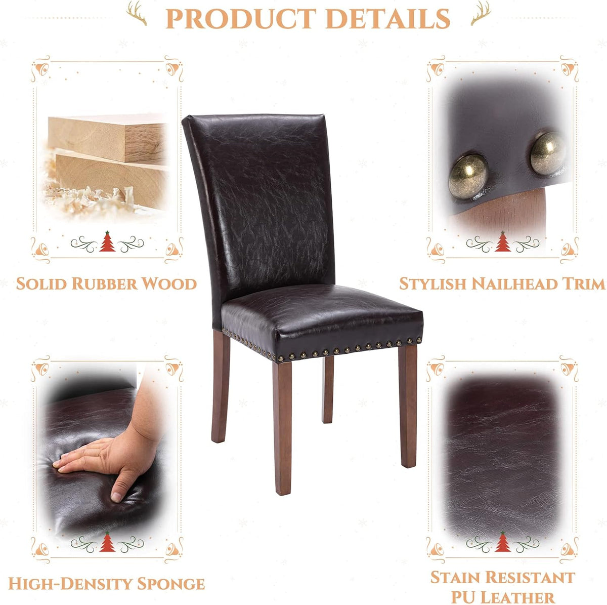 Parsons Dining Chairs Set of 6, Upholstered Nailhead PU Leather Dining Room Kitchen Side Chair with Thick Cushions and Wood Legs, Dark Brown