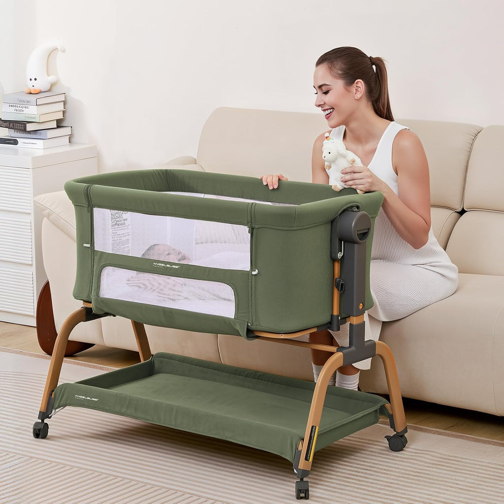 ANGELBLISS 3 in 1 Baby Bassinet, Rocking Bassinets Bedside Sleeper with Comfy Mattress and Wheels, 6 Height Adjustable Easy Folding Portable Bedside Crib for Newborn Infant (Green)