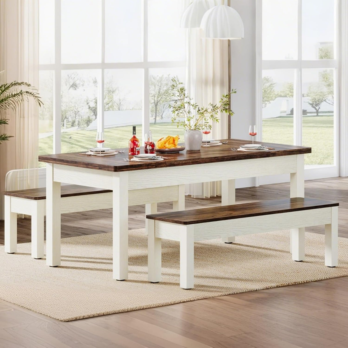 Tribesigns Farmhouse Kitchen Table Set for 4-6, 55-Inch Wooden Dining Table with 2 Benches, Space Saving 3 Pieces Heavy Duty Dinette for Dining Room, Kitchen, Small Space