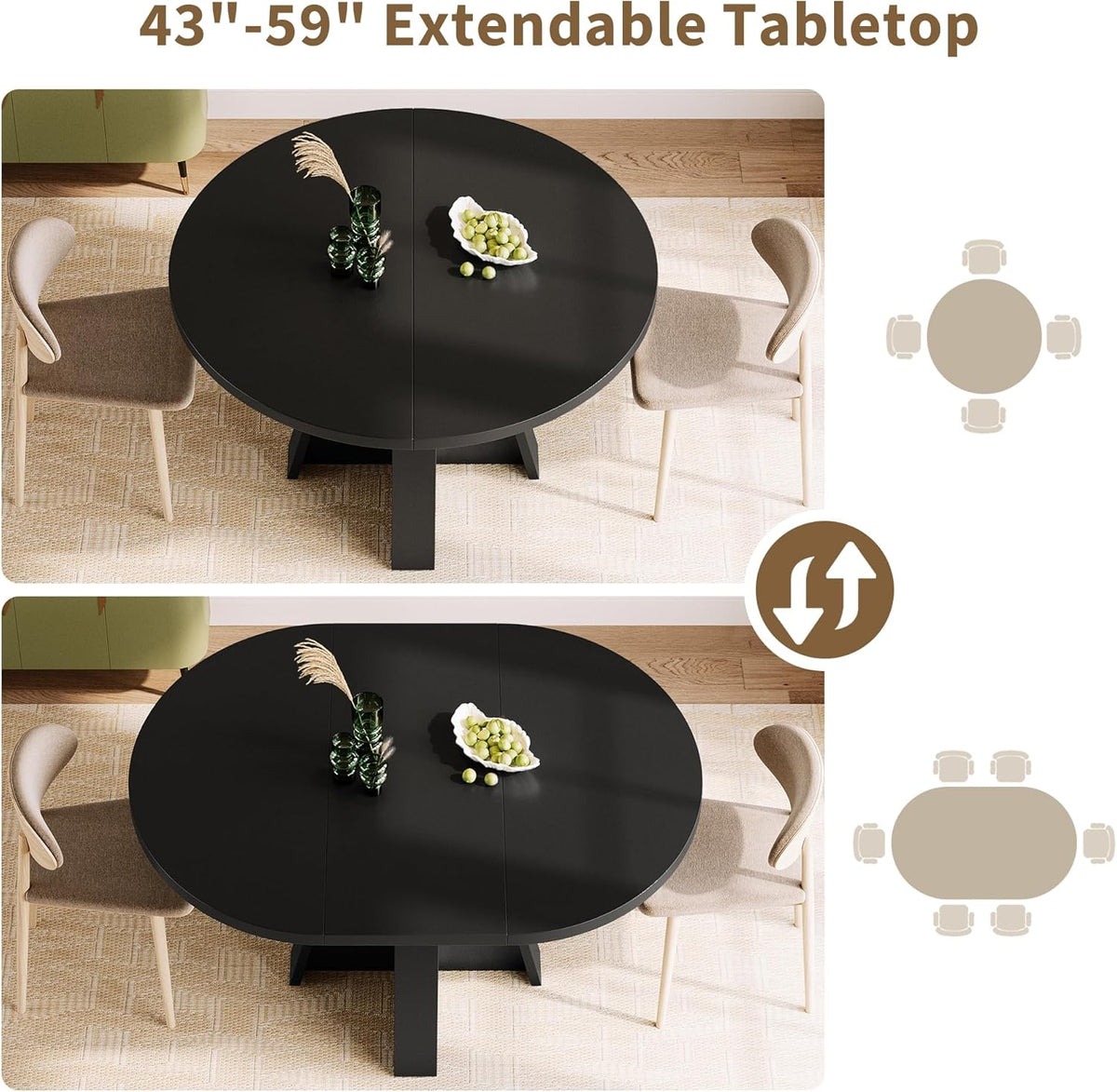 iPormis 43.3in-59in Extendable Round Dining Table for 4-6, Modern Wooden Kitchen Table for Dining Room, Adjustable Size Oval Circle Dinner Tables Furniture for Kitchen Living Room, Black