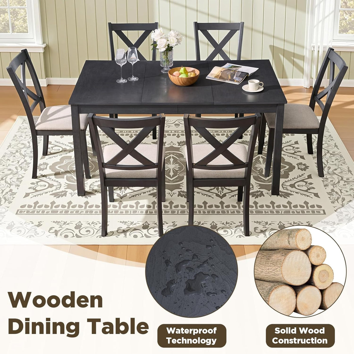 LUXOAK 7-Piece Solid Wood Dining Table Set, 60" Farmhouse Dining Table with 6 Chairs, Rectangular Table Set for 6, Kitchen & Dining Room Furniture, Grey & White